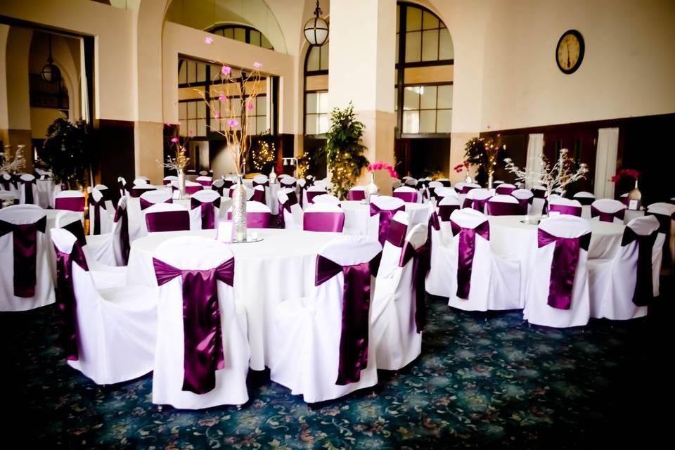 White Banquet Chair Covers & Plum Satin Sashes