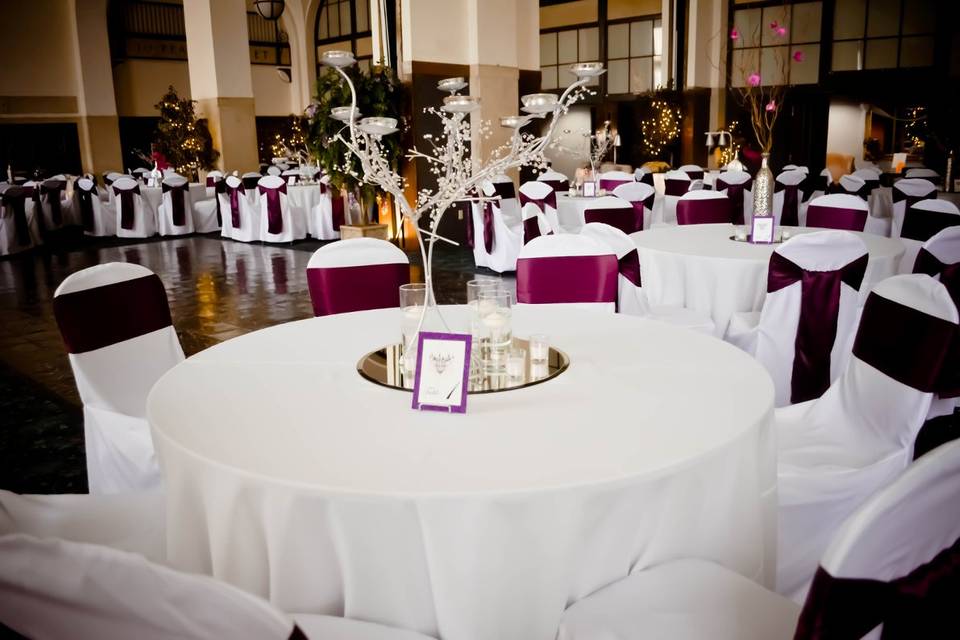 White Banquet Chair Covers & Plum Satin Sashes