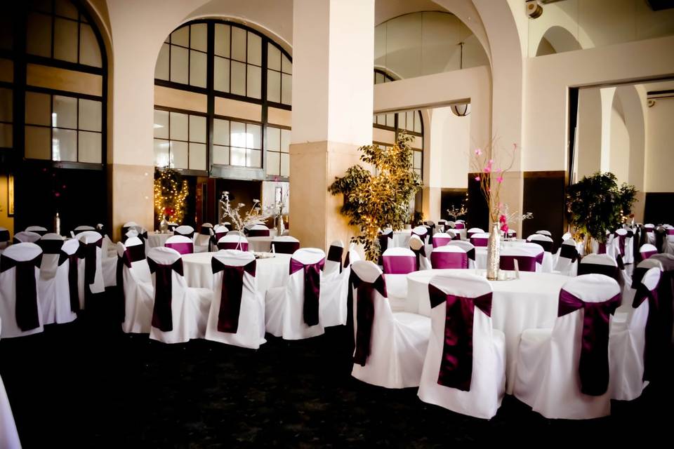 White Banquet Chair Covers & Plum Satin Sashes