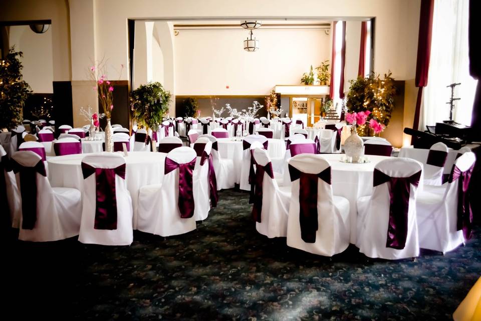 White Banquet Chair Covers & Plum Satin Sashes