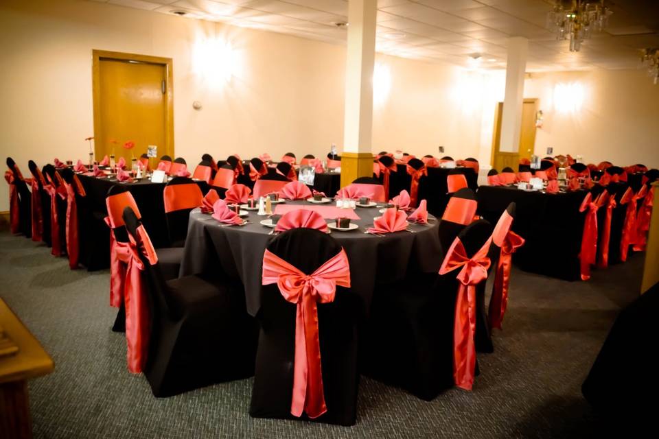 Black Spandex Chair Covers & Watermelon Satin Sashes