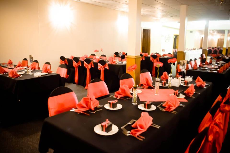 Black Spandex Chair Covers & Watermelon Satin Sashes