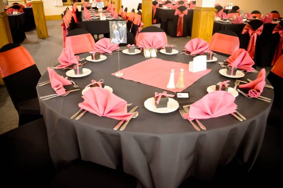 Black Spandex Chair Covers & Watermelon Satin Sashes