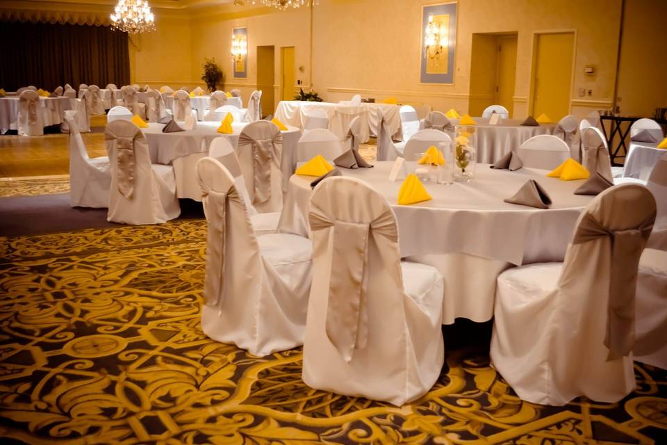 White Banquet Chair Covers, Silver Satin Overlays & Sashes