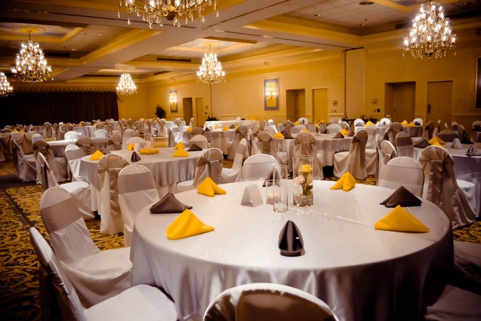 White Banquet Chair Covers, Silver Satin Overlays & Sashes