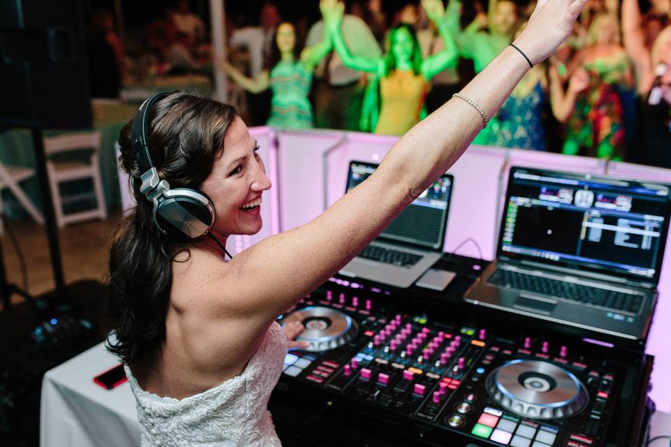 The bride in the dj's station
