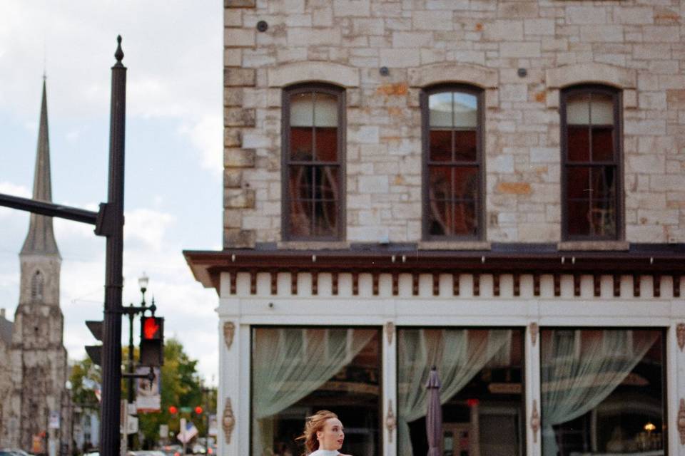 Bride crossing the street