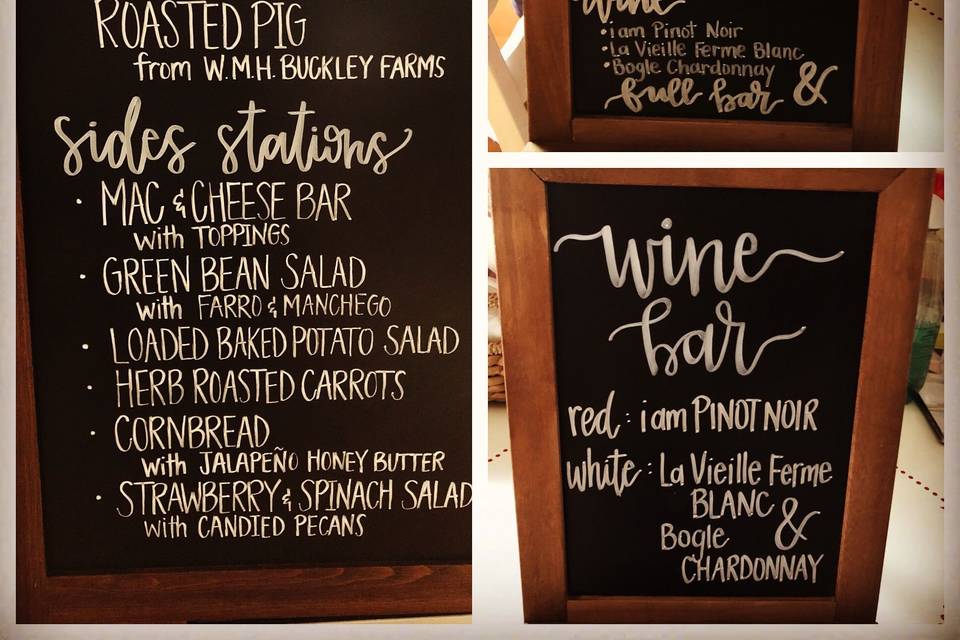 The menus from a recent pig roast wedding