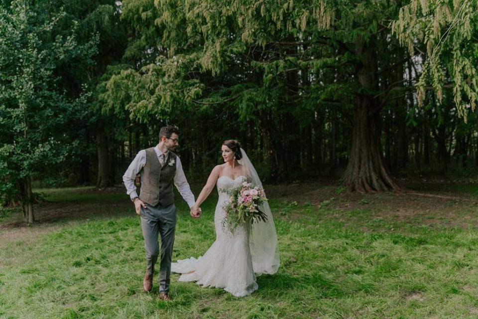 Groom and bride taking a walk