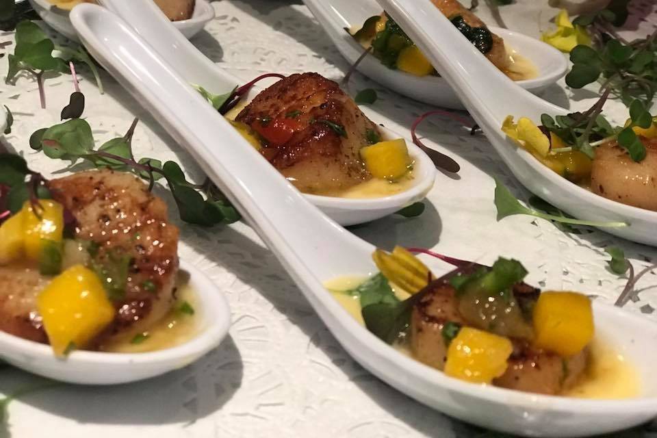 Butler-Passed Hor d'oeuvre:  Pan-Seared Bay Scallop~Citrus Beurre Blanc, Mango Chutney