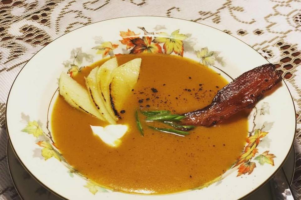 Butternut Squash & Apple Bisque~Candied Bacon, Creme Fraiche