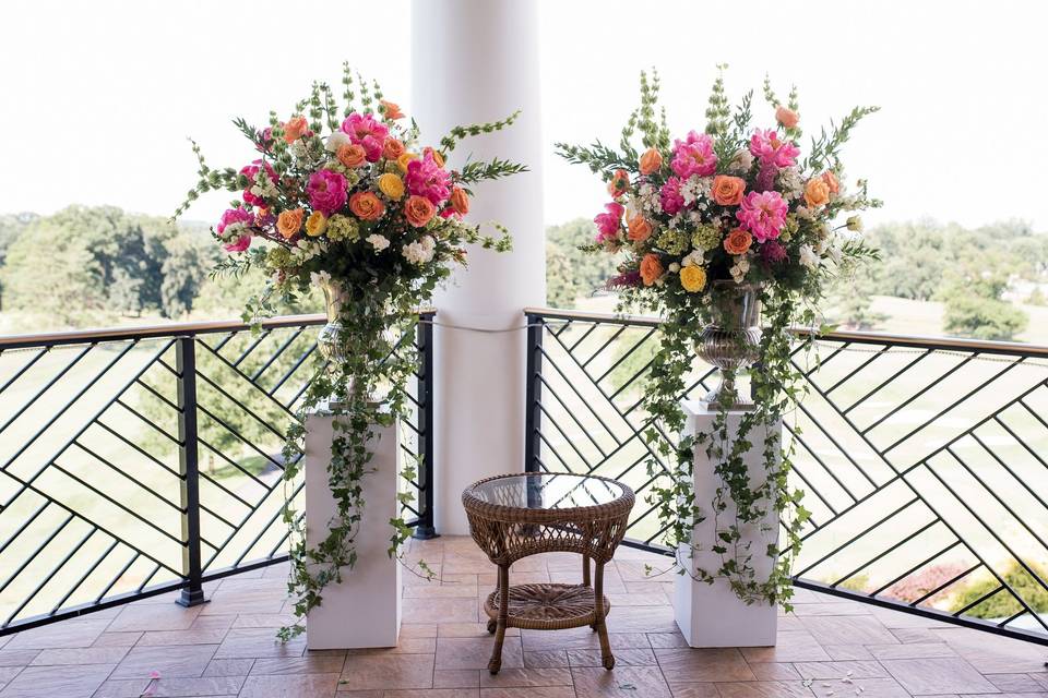 Ceremony flowers for a summer outdoor patio wedding at the Washington Golf and Country Club, Arlington, VA