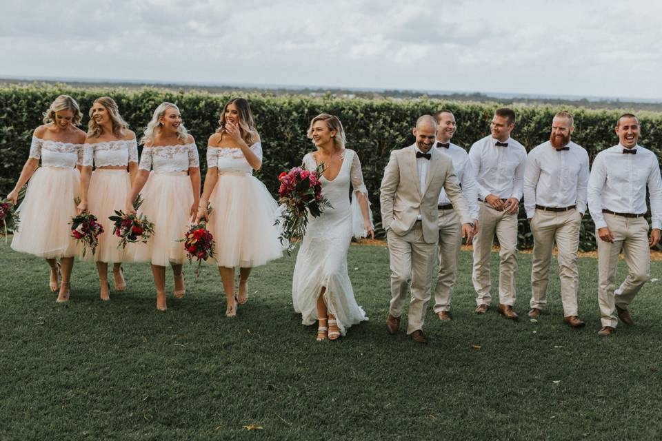 Newlyweds, bridesmaids, and groomsmen