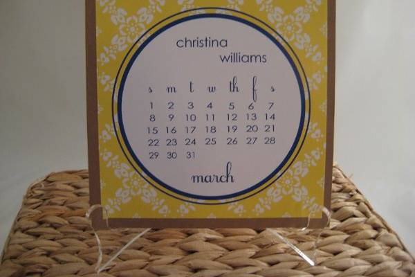 Calendar on the stand.  Perfect for your desk or kitchen countertop!