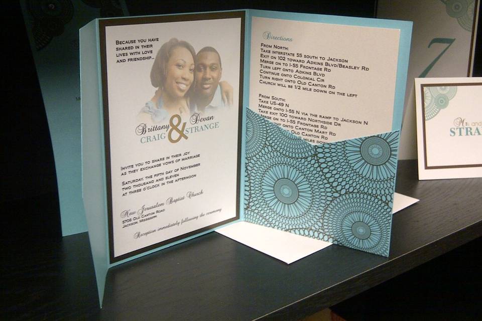 5x7 pocket invitation with couple's photo and direction card.