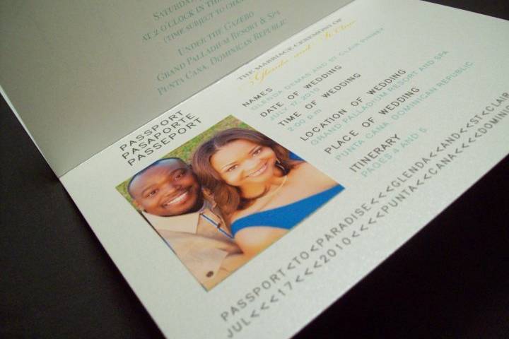 Passport invitation: ceremony information with photo of couple printed on photo paper and attached to card.