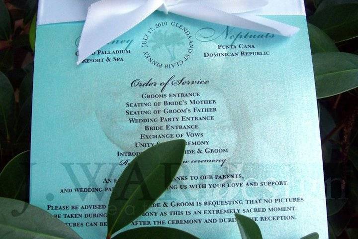 Destination wedding program, designed to resemble Tiffany Jewelry box.