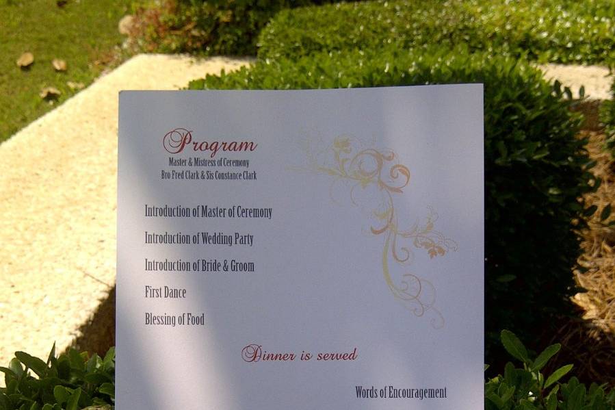 6x9 reception program. Table number shown on opposite side of card.