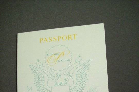 Passport invitation cover, printed on white metallic cardstock in Tiffany blue and gold ink.