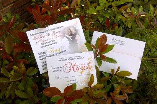 5x7 ceremony card with RSVP post card. Couple's photo and a crystal embellishment complete the design.