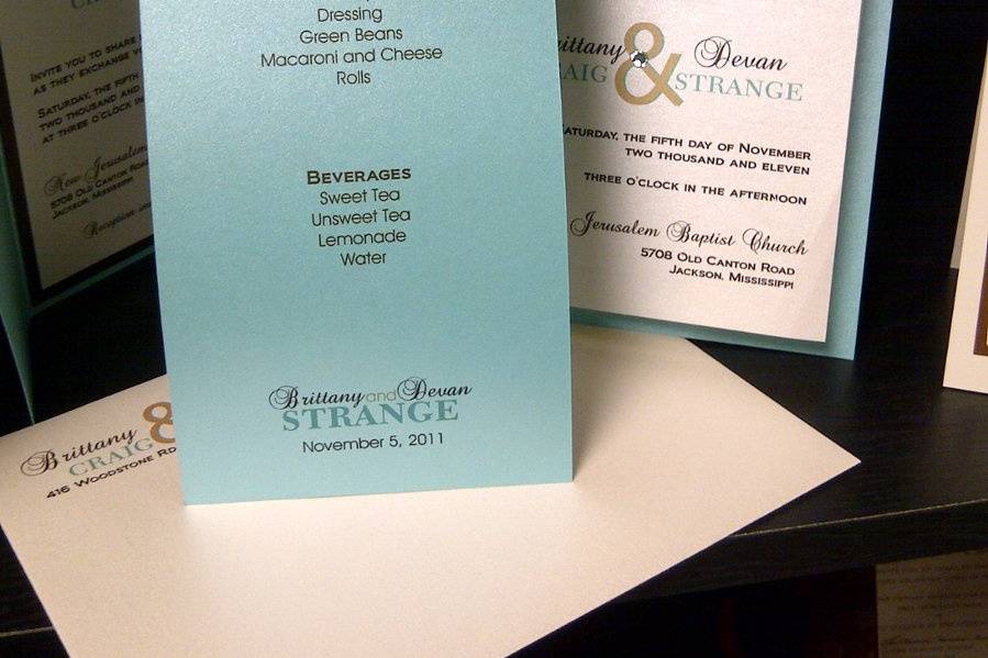 4x9 menu card with crystal embellishment and 5x7 folded program with layered backing and crystal embellishment.