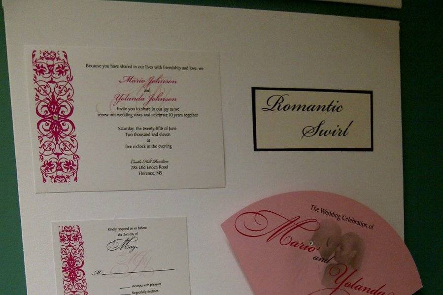 Romantic Swirl ensemble: 5x7 ceremony card with response enclosure, fan shaped program with ribbon embellishment, and 5x7 menu card.