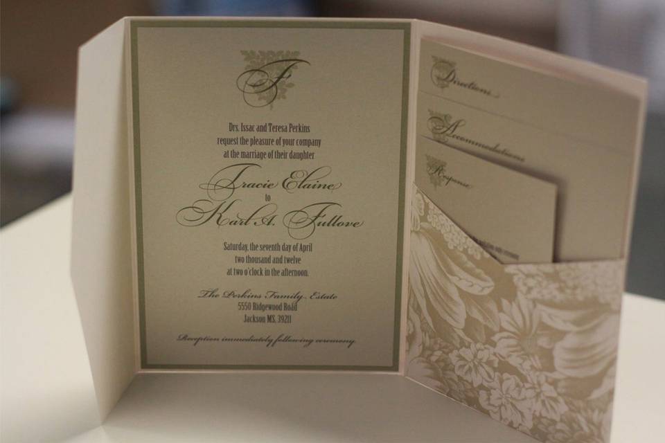 5x7 garden themed pocketfold invitation with direction, accommodation and response enclosure.