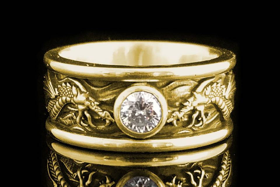 Draco the Dragon with .40 Moissanite Forever Yours (equal to approximate 1/2 Carat Diamond) in Antique 14KT Yellow Gold