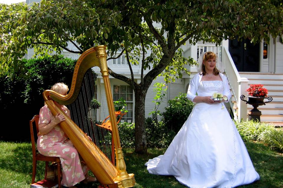 Beautiful Gold Harp can be transported to your garden wedding.