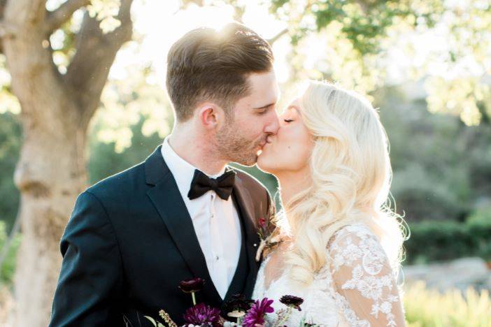 Happy couple with bouquet