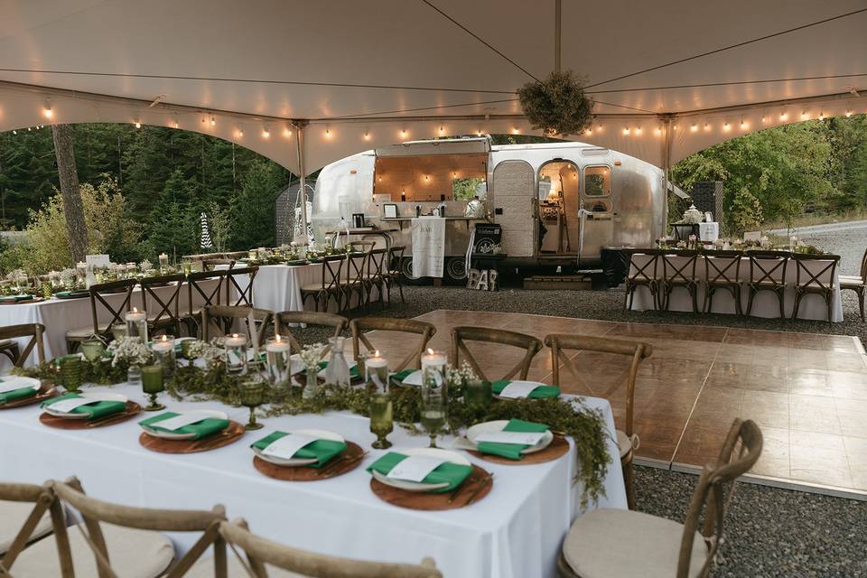 Tent setup with Airstream Bar