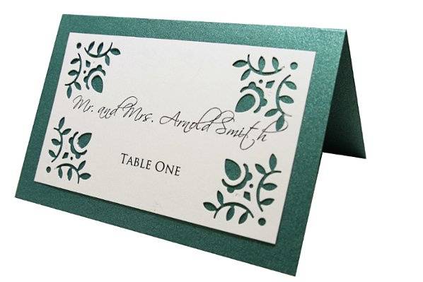 Teal & White with corner accents place card/escort card