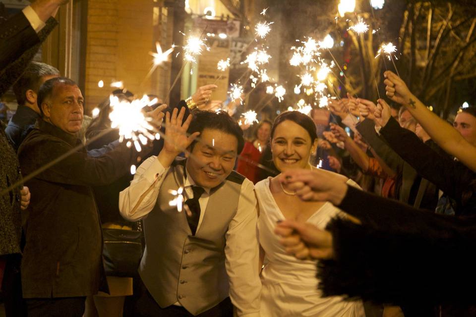 Loft wedding with sparklers