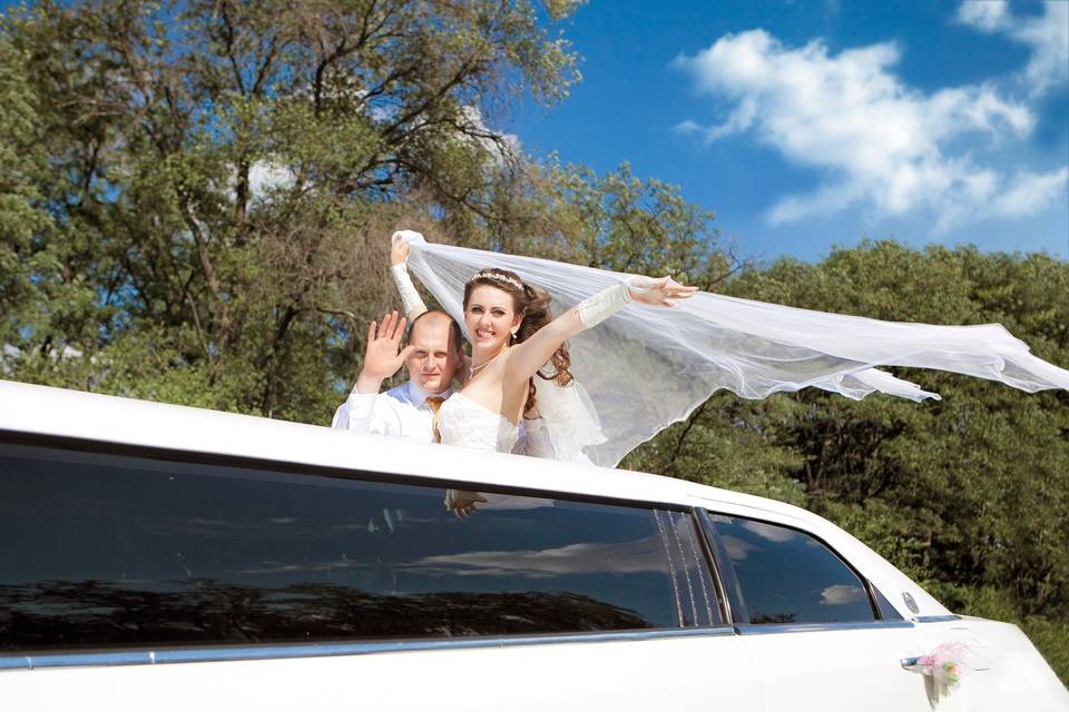 Happy couple in limo