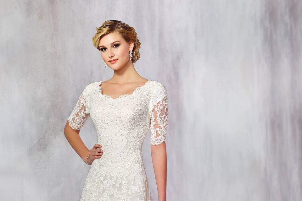 Tr21715embroidered lace, satin and tulle slim a-line gown with illusion scalloped lace elbow length sleeves, front and back scalloped scoop necklines, dropped waist, two-tiered scalloped skirt adorned with lace appliqués. Sizes0 – 20, 18w – 26wcolors: ivory/alabaster, ivory, white