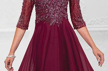 116950diamond chiffon a-line gown with hand-beaded three-quarter length sleeves, front and back v-necklines, bodice encrusted with beading, flyaway skirt with sweep train. Sizes4 - 20, 16w - 26w colors wine, gray/heather, navy blue, rosewood, light periwinkle, eggshell