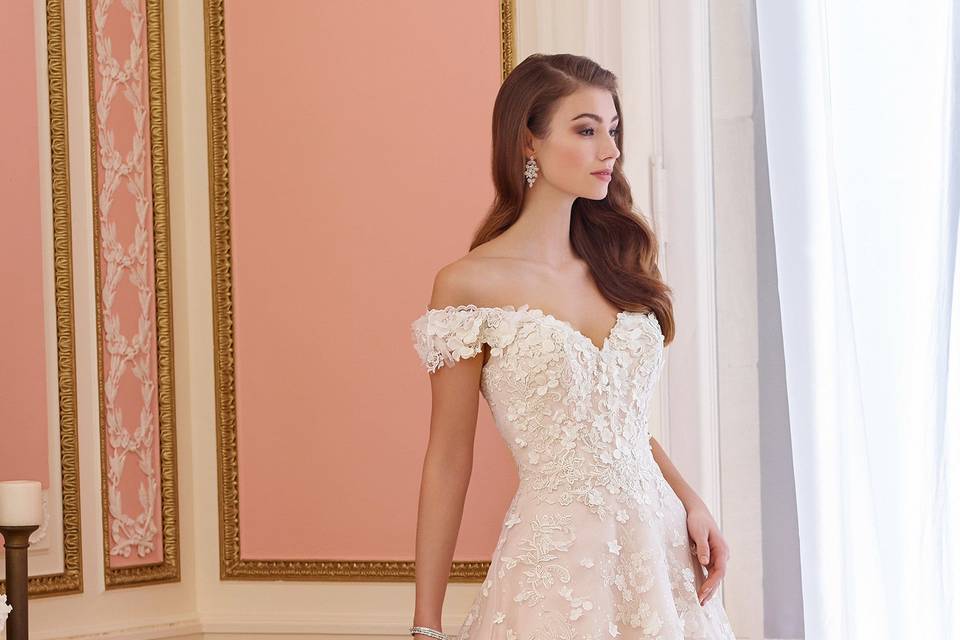 Off-the-shoulder lace and tulle wedding dress. Sequin tulle over organza and taffeta full a-line gown features chantilly lace with venise lace appliqués, dipped neckline, bodice and skirt adorned with three-dimensional organza flowers, horsehair hemline, chapel length train. Sizes 0 – 20, 18w – 26w colorsivory/tea rose, diamond white