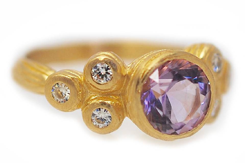 Yellow gold, amethyst, diamond alternative engagement ring - The Amy