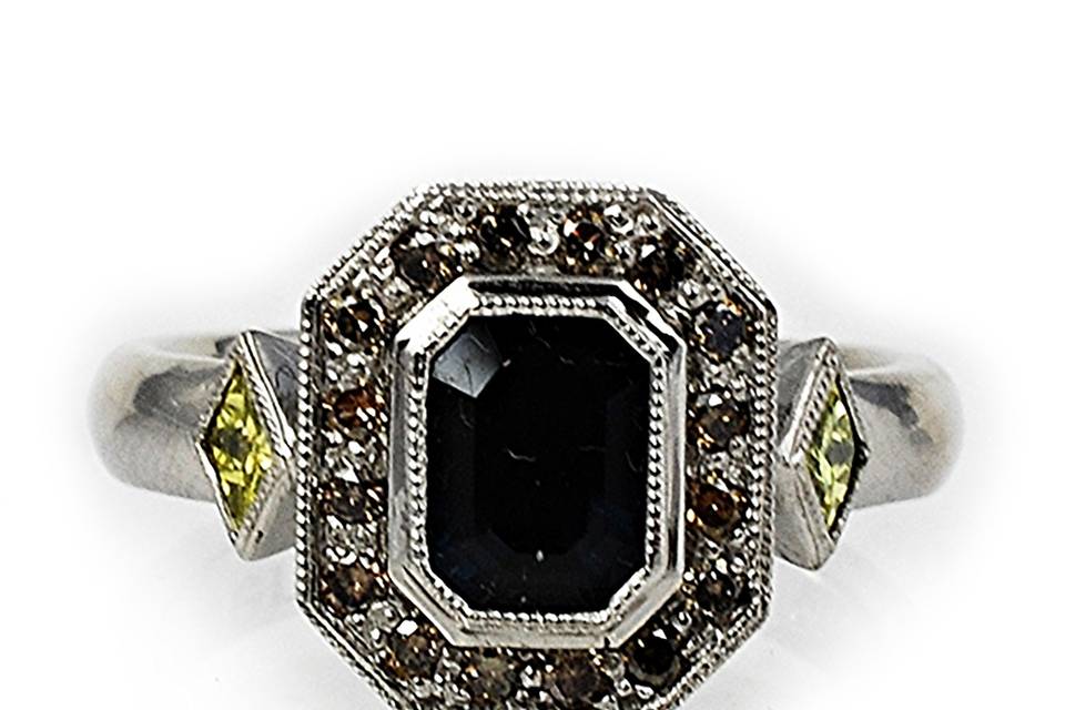 Palladium midnight blue sapphires, champagne diamonds, and yellow canary diamond alternative engagement ring - The Corrie
