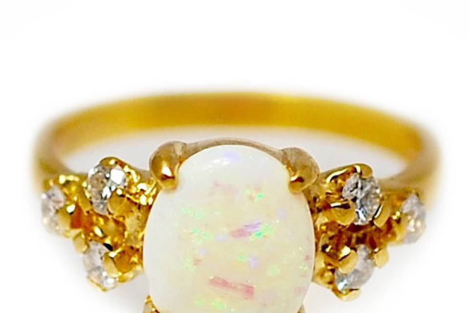Yellow gold, opal center stone, diamond accents custom engagement ring - The Gabbi