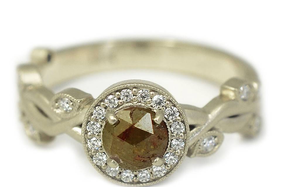 White gold, rose cut, rough brown diamond alternative engagement ring - The Heather
