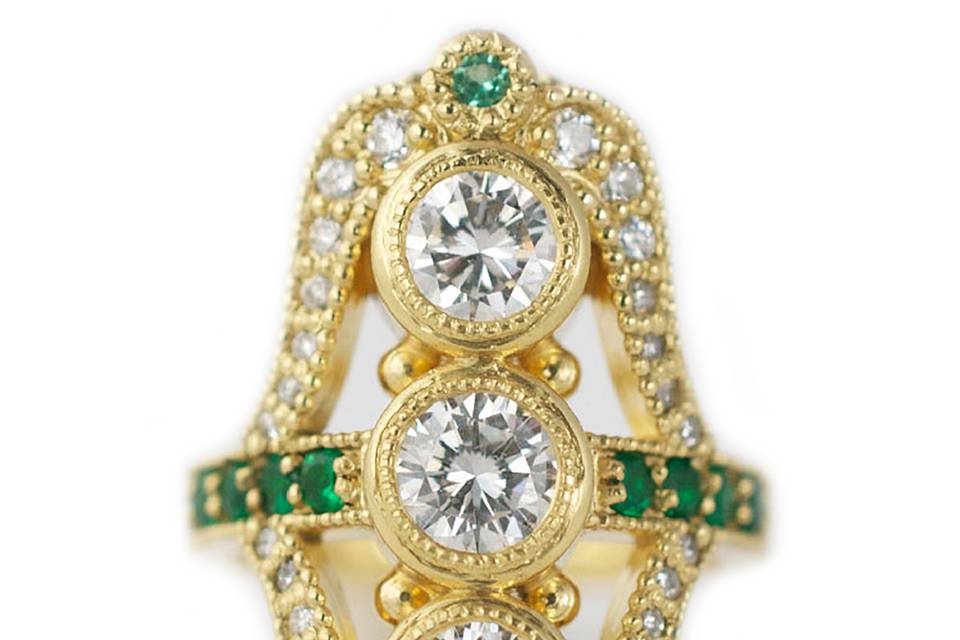 Yellow gold, diamond, emerald vintage custom engagement ring - The Jacqueline