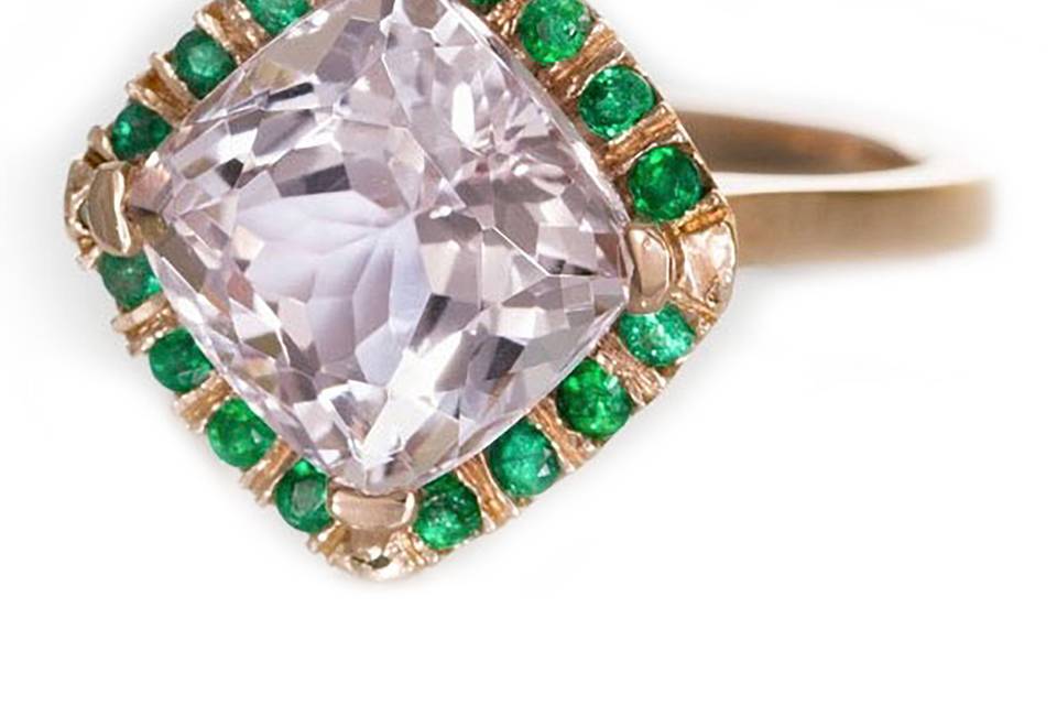 Rose gold, kunzite center stone, and emerald alternative engagement ring - The Janrace