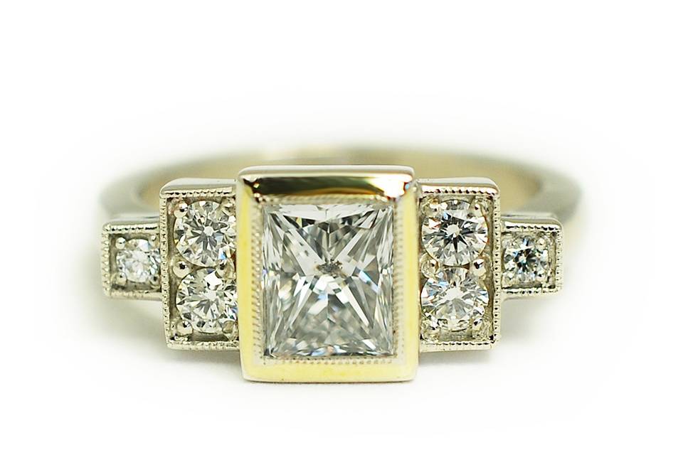 Platinum and yellow gold princess cut diamond custom engagement ring - The Kate