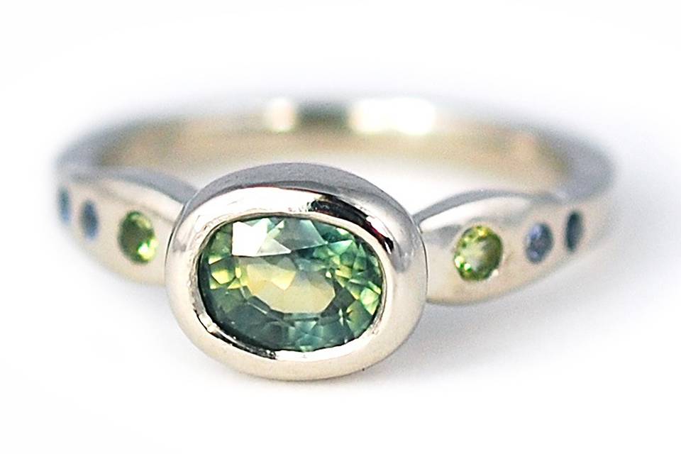Palladium, aqua sapphire, peridot and blue sapphire custom engagement ring - The Sierra