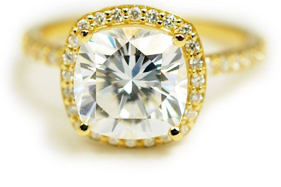 Yellow gold, antique cut moissanite, diamond halo and melee handmade engagement ring - The Laura