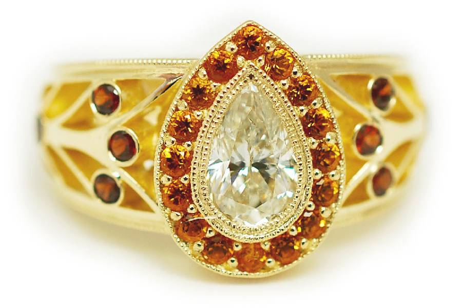 Yellow gold, diamond, citrine, and rhodolite garnet alternative engagement ring - The Amye