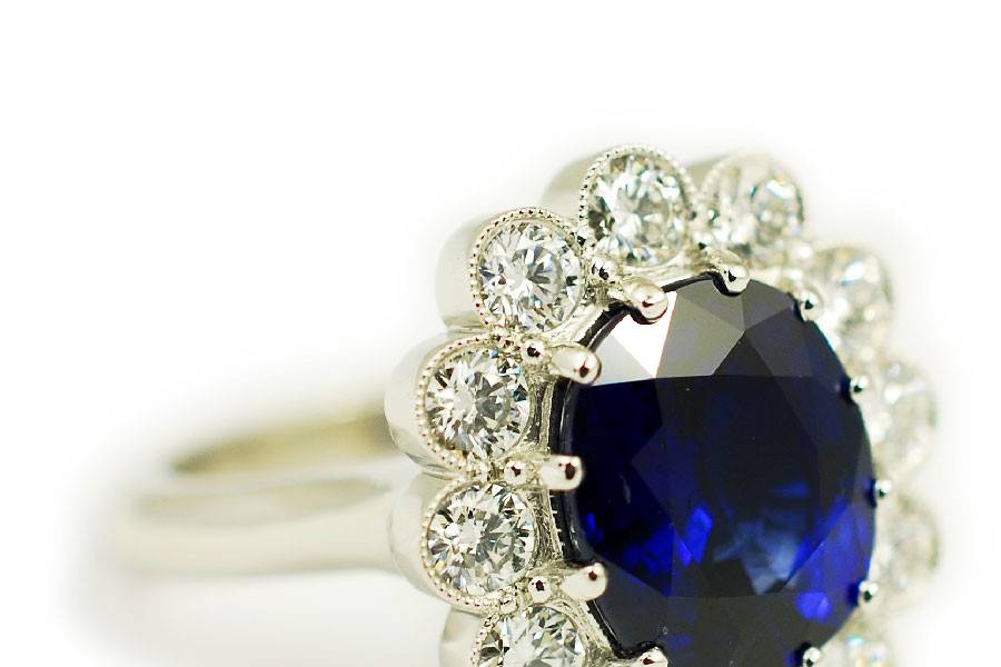 Platinum custom engagement ring featuring a 5.57 carat sapphire center sone and diamond accents - The Morgan