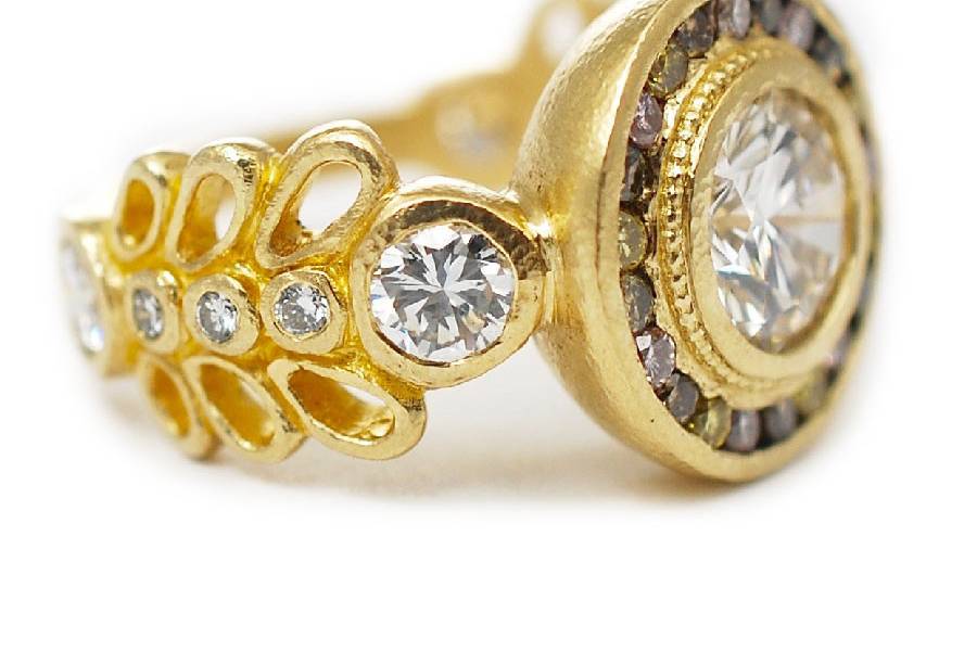Yellow gold, round diamond, champagne diamond halo custom engagement ring - The Katy