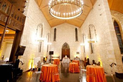 Cake and Dancing inside chapel.  Lounge furniture